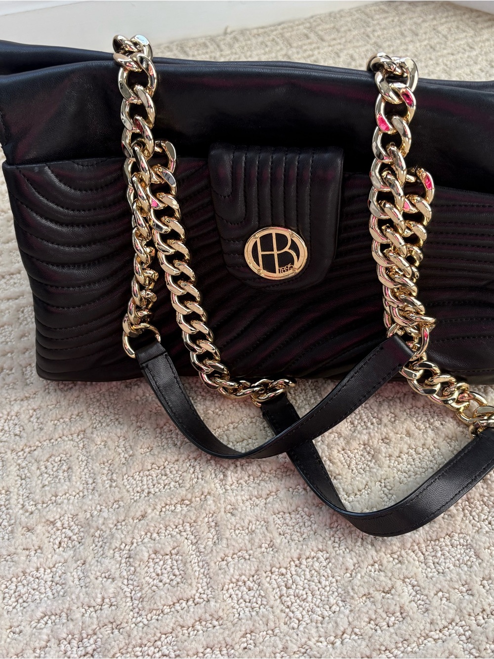 henri bendel Black Quilted Shoulder Bag with Gold Chain Strap and Logo Medallion